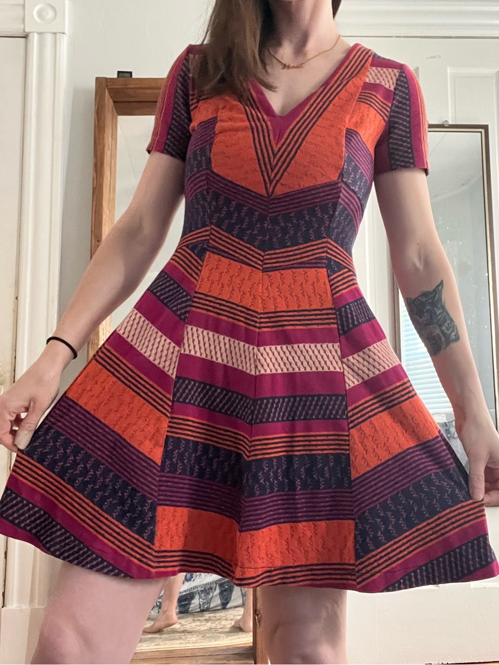 Anthropologie Striped V‑Neck Mini Dress in Orange, Magenta and Purple